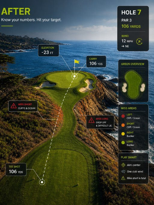 Same hole with CourseIQ overlays — yardages, wind, hazards, and strategy callouts